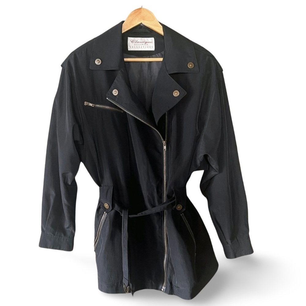 90s Vintage Black Nylon Short Trench Coat Belted Asymmetric Zip Size Medium